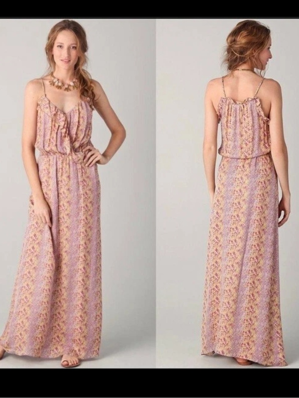 Parker Silk Ruffle Pink Yellow Snake Print Spaghetti Stap Maxi Dress, size L